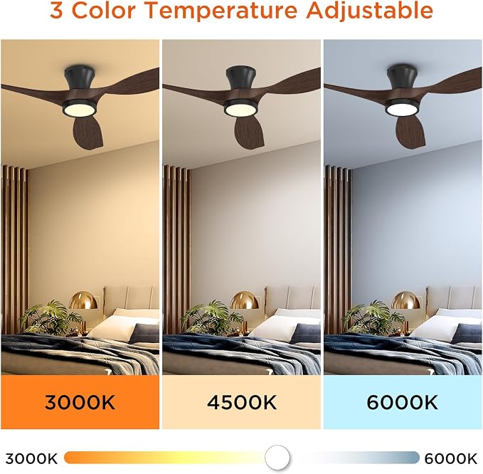 TALOYA 52 Inch Ceiling Fans with Led Lights Remote Control Flush Mount Low Profile for Bedroom Farmhouse Patio Outdoor Living Room Kitchen Dining Room,DC Motor,Reversible,Buzzer ON/Off,Black Walnut