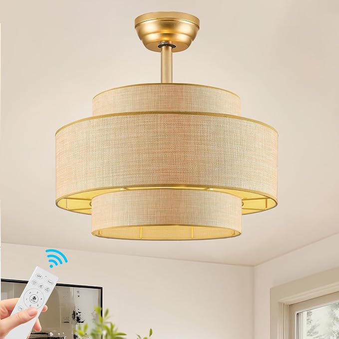 Boho Fandelier Ceiling Fan with Light Rattan Chandelier Fan Remote Gold Caged Ceiling Fan with Light for Bedroom, Living Room Nursery Foyer Kitchen（ Timing Adjustable Height）