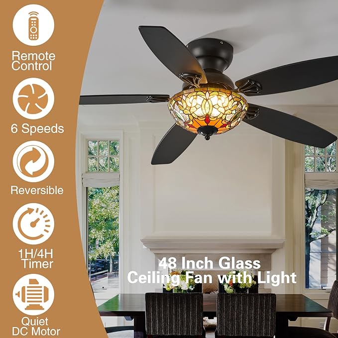 Tiffany Ceiling Fans with Lights - 48" Ceiling Fan Chandelier with 5 Dual-Blades and Glass Shade, 6 Speeds and Reversible, Indoor and Outdoor, Retro Style