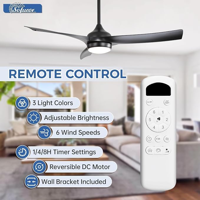 Sofucor 52 Inch Ceiling Fan with Light, Outdoor Black Ceiling Fan with Lights Remote Control Airflow 6000CFM 3 CCT Dimmable 3-Timer ABS 3 Blades Reversible DC Motor for Living Room Bedroom Patio