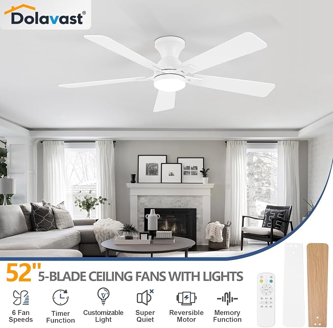 Ceiling Fans with Lights, 52 Inch Low Profile Ceiling Fan with Light and Remote Control, Flush Mount, Reversible, 3CCT, Dimmable LED, Quiet, White Ceiling Fan for Bedroom, Living Room