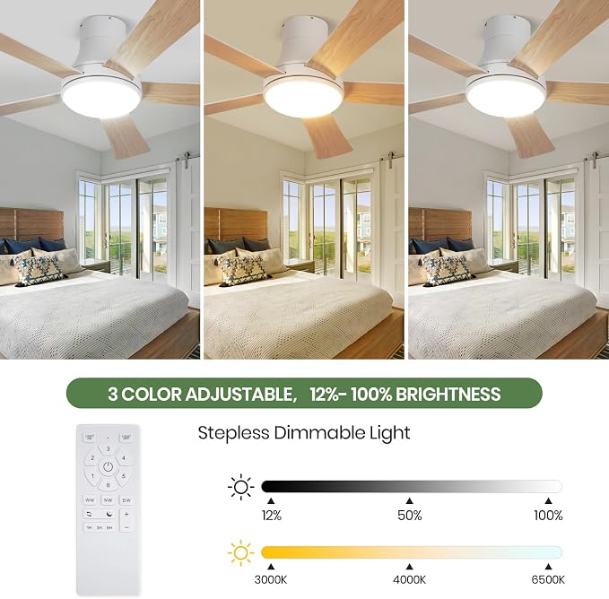 52 Inch White Ceiling Fans with Lights and Remote, Flush Mount Ceiling Fan with 5 Blades, Dimmable, Reversible Motor, 3-Color Temperatures, 6 Speeds, for Bedroom/Kidroom/Patio