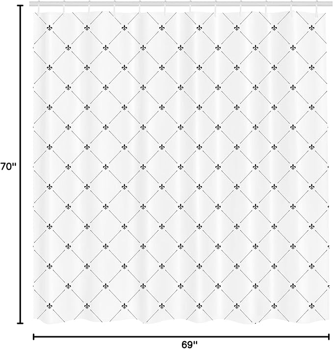Ambesonne Fleur De Lis Shower Curtain, Monochrome Style Damask Pattern with Vintage Geometric Diamond Lines, Cloth Fabric Bathroom Decor Set with Hooks, 69" W x 70" L, White and Black