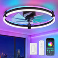 ZMISHIBO RGB Ceiling Fans with Lights and Remote, 23 inch Low Profile Ceiling Fan with Light, 3000K-6000K Dimmable & RGB, Modern Fandelier Flush Mount Ceiling Fan, Small LED Fan for Bedroom,Black