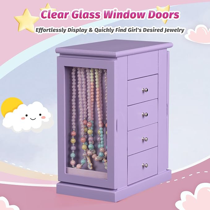 Emfogo Jewelry Box for Girls, Musical Jewelry Box with Spinning Dancer Gifts for Little Girls Christmas New Year Birthday Children's Day, 5 Layer Large Wooden Kids Music Jewelry Organizer Box(Purple)