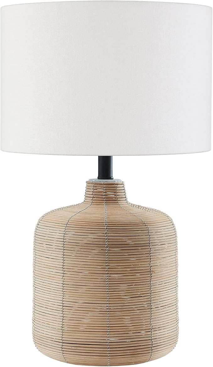 Henn&Hart 20.5" Tall Petite/Rattan Table Lamp with Fabric Shade in Natural Rattan/Brass/White, Lamp, Desk Lamp for Home or Office