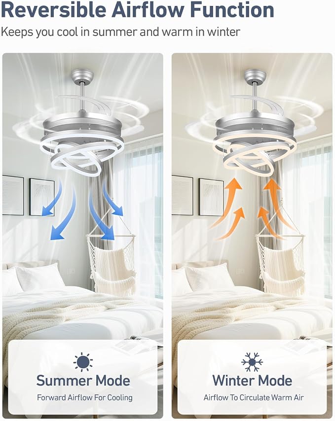 42 Inch Retractable Ceiling Fans with Lights and Remote, Modern Chandelier Fandelier Ceiling Fans, Quiet Reversible DC Motor, 6 Speeds, 3 Color Dimmable LED for Bedroom Living Room (Silver)