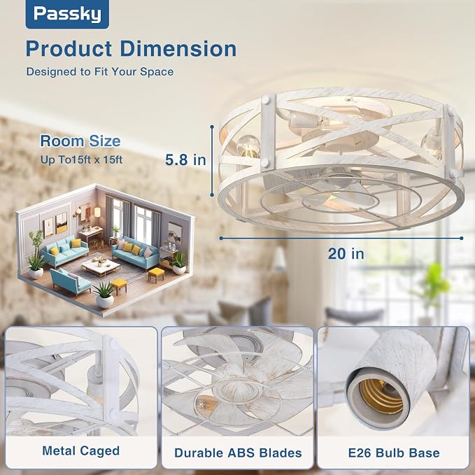 Passky 20" Farmhouse Flush Mount Ceiling Fans with Lights and Remote, Industrial White Caged Low Profile Fandelier, 6 Speeds Bladeless Ceiling Fan for Bedroom, Kitchen, Living Room