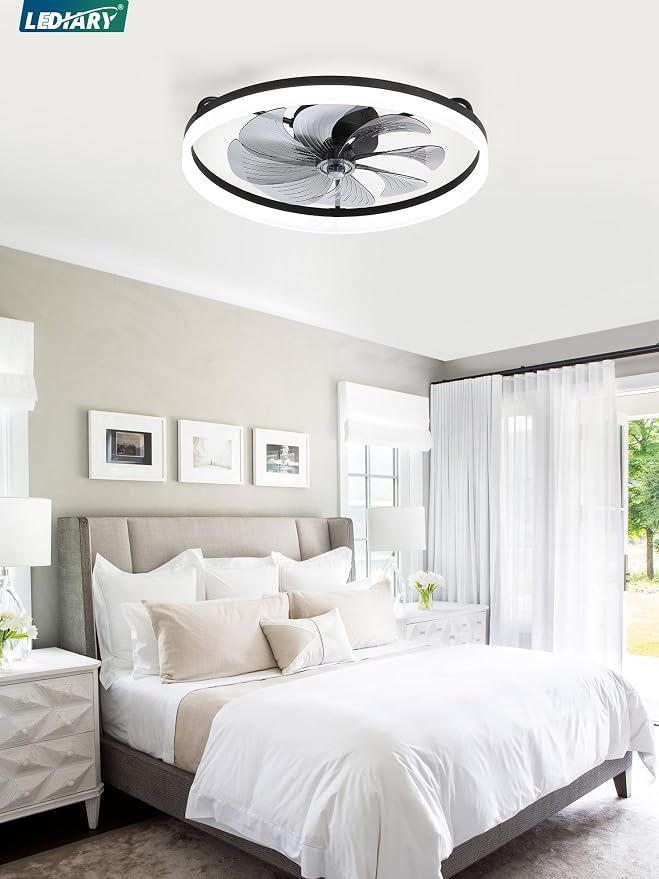 LEDIARY Ceiling Fans with Lights, 23 inch Low Profile Flush Mount Ceiling Fan, Dimmable LED, APP & Remote Control, Quiet Reversible DC Motor, 6 Speeds, Fandelier for Bedroom, Black