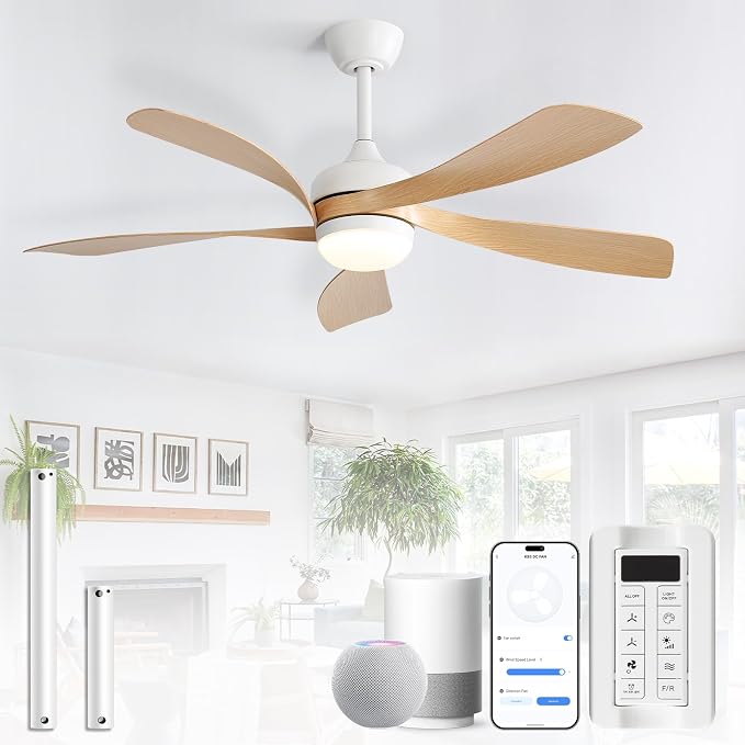 CACI Mall 52 inch Smart Ceiling Fan with Lights, Remote Control, Compatible with Alexa/Google/App, 5 Blades, Dimmable Lighting, Quiet, Indoor/Outdoor Ceiling Fans for Living Room, Bedroom, Patios
