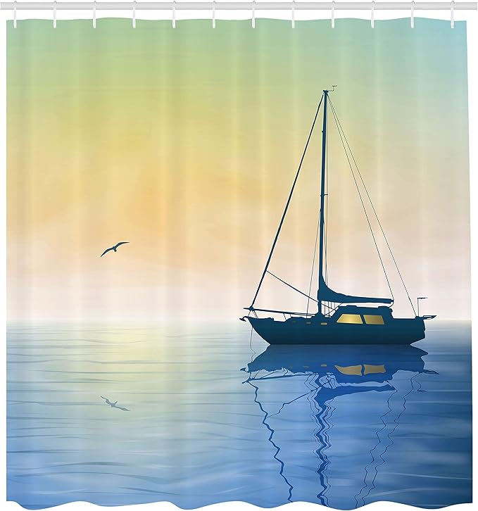 Ambesonne Ocean Shower Curtain, Sailing Boat in SeMisty Sunset Skynd Reflections on Water Picture, Cloth Fabric Bathroom Decor Set with Hooks, 69" W x 70" L, Pale Yellow Violet Blue
