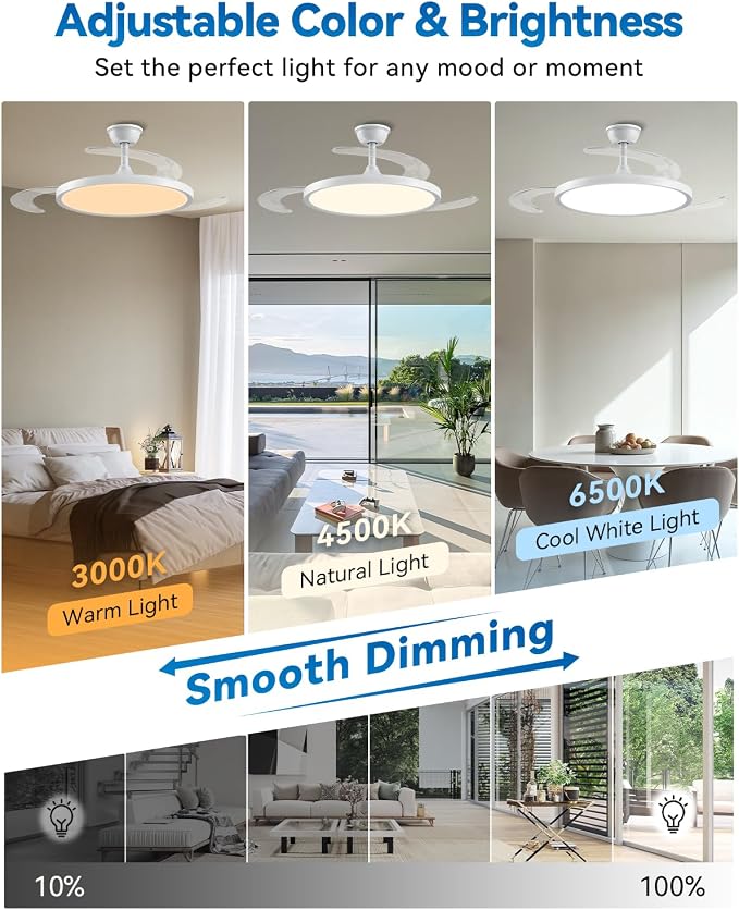 【Larger】48" Retractable Ceiling Fans with Lights, Fandelier Ceiling Fan with Light and Remote, Reversible, 3 CCT, Dimmable, Slim Modern Chandelier for Bedroom, Living Room, Dining Room (White)