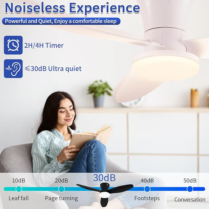 40 inch Ceiling Fan with Lights, Flush Mount with Remote Control | 3 Blades, 6 Speeds, Reversible Quiet DC Motor, Dimmable, 3000-6000K Adjustable, Timer, for Bedroom Dining Room Home Office