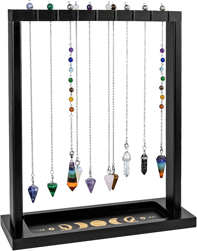 Black Pendulum Crystal Display Holder, Wood Witch Rock Stone Stand, Moon Phase Wiccan Supplies Incense Rack Shelf with Tray for Witchcraft Gift Organizer 15 Pendulum Necklaces