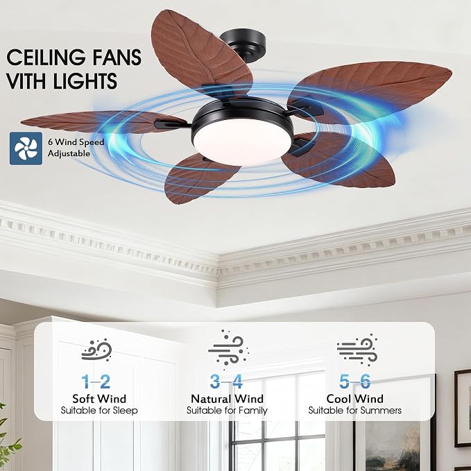 GJeg Tropical Ceiling Fans with Lights and Remote,52Inch Outdoor Palm Leaf Ceiling Fan for Patios Porch Bedroom, Dimmable LED Light, 6 Speeds, Reversible,Brown