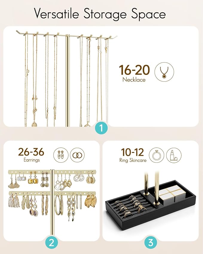 VLANDO 2 Tier Jewelry Stand Organizer with Tary, Leather Jewelry Holder Display for Women, Gold Jewlery Holder Stand for Necklace, Earring, Bracelet, Rings - Black