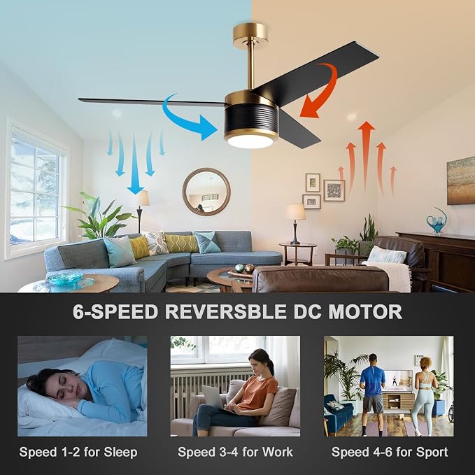 reiga 52" Modern 3 Blades Black Gold DC Motor Ceiling Fan with Light | Wood Ceiling Fans,6 Speeds Timer Compatible with Remote Control/Alexa/Google Home for Living room Bedroom Patio Farmhouse