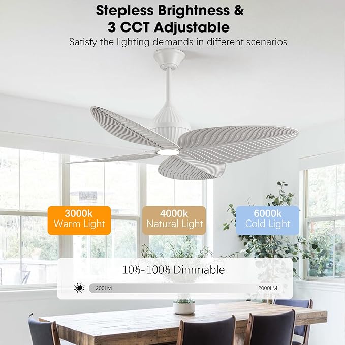 52" Tropical Ceiling Fans with Lights, Indoor Palm Leaf Ceiling Fan with Light and Remote for Living Room Bedroom, ABS Blades, Dimmable LED Lights, 6 Speeds, Adjustable Height-White