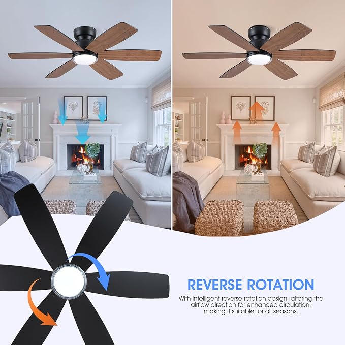 Kviflon 46" Rustic Ceiling Fans with Lights, Low Profile Flush Mount Ceiling Fan with Remote/APP Control, 6 Reversible Double-sided Blades, 3 CCT Dimmable LED Lights for Living Room Farmhouse, Brown