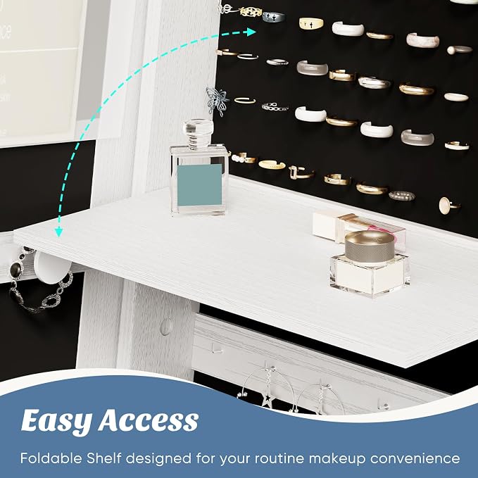360° Rotating Jewelry Armoire with Full-Length Mirror & LED | Lockable Standing Organizer, Secure Storage For Jewelry, White