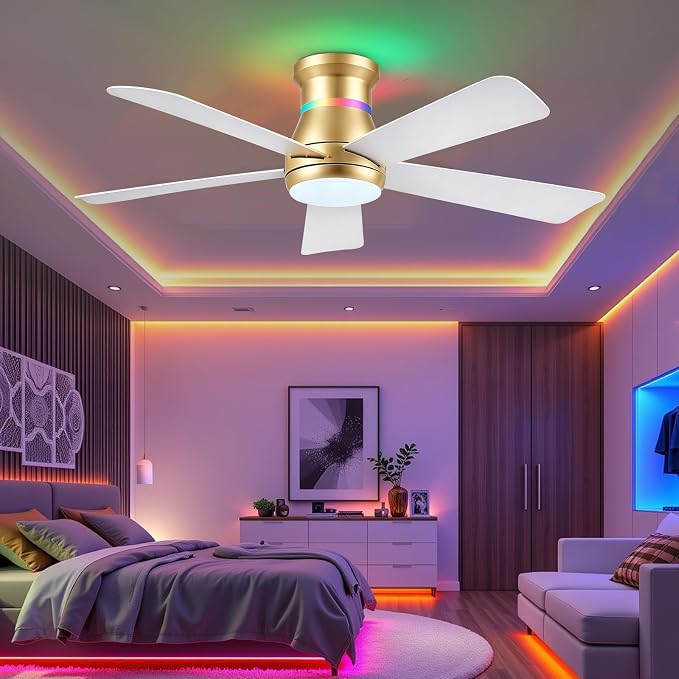 Surtime 46" Ceiling Fans with RGB Lights - Flush Mount Ceiling Fan Light with LED 3CCT Dimmable, Modern Low Profile Gold Ceiling Fan with Reversible White Blades