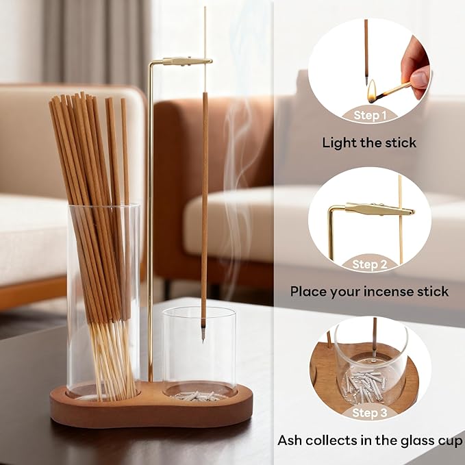 2-in-1 Incense Holder for Sticks, Incense Burner Holder with Glass Ash Catcher & Stick Storage, Bedroom House Yoga Meditation Zen Decor, Spa Gifts for Women, Unique Cozy Home Decor, Natural Wood