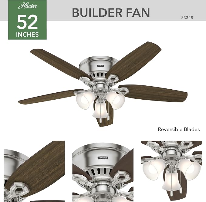 Hunter Builder, Indoor, Ceiling Fan, Pull Chain, 52 inch, Brushed Nickel