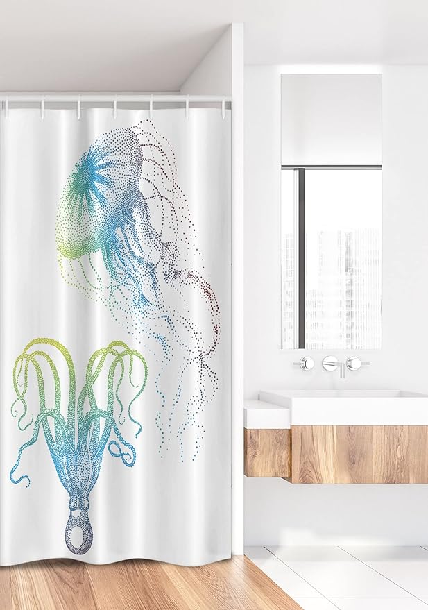 Ambesonne Octopus Stall Shower Curtain, Octopus and Jellyfish Illustration Nautical Themed Art Underwater Wildlife Marine, Fabric Bathroom Decor Set with Hooks, 36" W x 72" L, Blue Eggshell