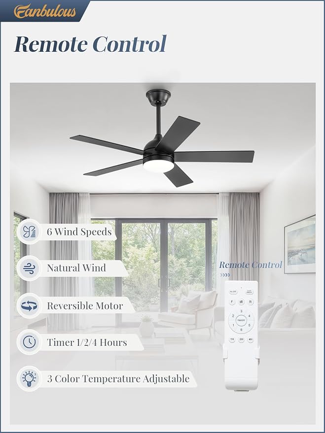 Fanbulous 42 Inch Ceiling Fan with Light and Remote, Black Ceiling Fans with Light, 5 Dual-Color Blades, Reversible Quiet DC Motor, 6 Speeds, 3CCT Adjustable LED for Bedroom Living Room Kitchen Patio