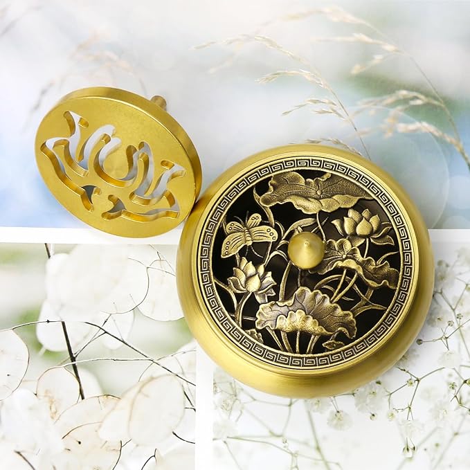 Chinese Incense Burner Kit, Agarwood Incense Burner, Incense Powder Kit, Brass Incense Making Kit, Burner Kit (Brass Lotus Flower Covers)