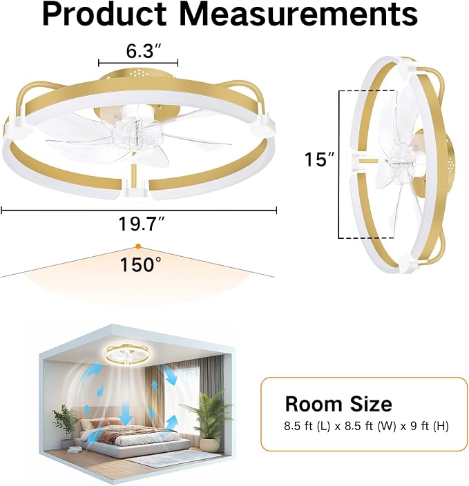 OUTON 20" Ceiling Fan with Light, Remote & App Control, Fandelier Low Profile Flush Mount Ceiling Fan with 3000K-6500K Stepless Dimmable, 6 Speed, Quiet DC Motor, Small Modern Ceiling Fans for Bedroom