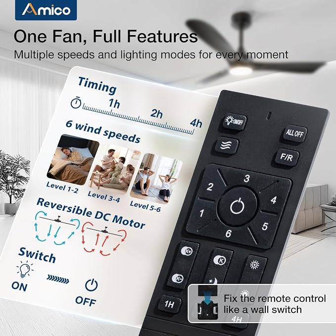 Amico 52 Inch Ceiling Fan with Lights, Modern Black 3-Blade Ceiling Fan with Remote Control, Dimmable LED, 3CCT, Quiet Reversible Motor, Indoor/Outdoor for Patio, Living Room, Bedroom, Kitchen