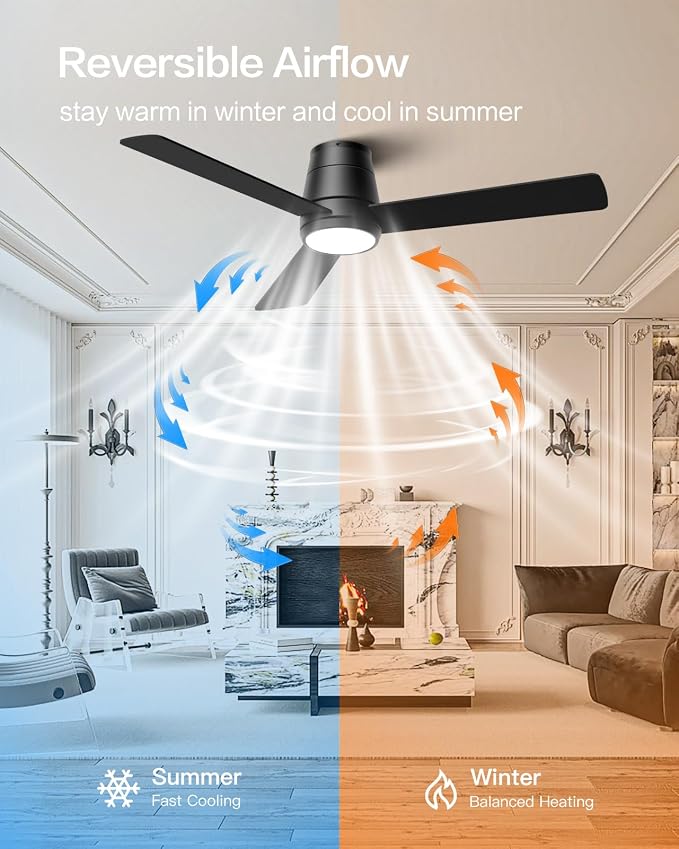 Ceiling Fans with Lights and Remote 46 inch, Flush Mount Low Profile Ceiling Fan with Light for Bedroom Living Room, Quiet Reversible DC Motor, 3CCT Dimmable 24W LED, 6 Speeds