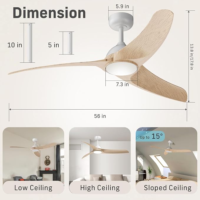 Ceiling Fans with Lights, 56 inch Low Profile Ceiling Fan with Light and Remote Control, Flush Mount, 3CCT, Dimmable, Quiet Reversible Motor, Modern Ceiling Fan for Bedroom Indoor/Outdoor Use