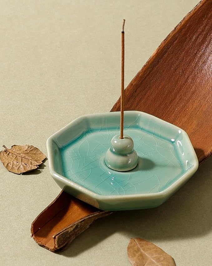 Incense Holder for Sticks, Incense Burner, Ceramic Crackle Glaze Green Incense Holder, Incense Stick Holder with Ash Catcher, ANTIS'S HOME