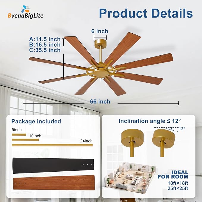 Large Ceiling Fan No Light: Modern 66 Inch 8 Blade Outdoor Ceiling Fans with Remote APP Control - Black Gold Big Fan without Light Indoor Reversible 6 Speed Quiet DC Motor