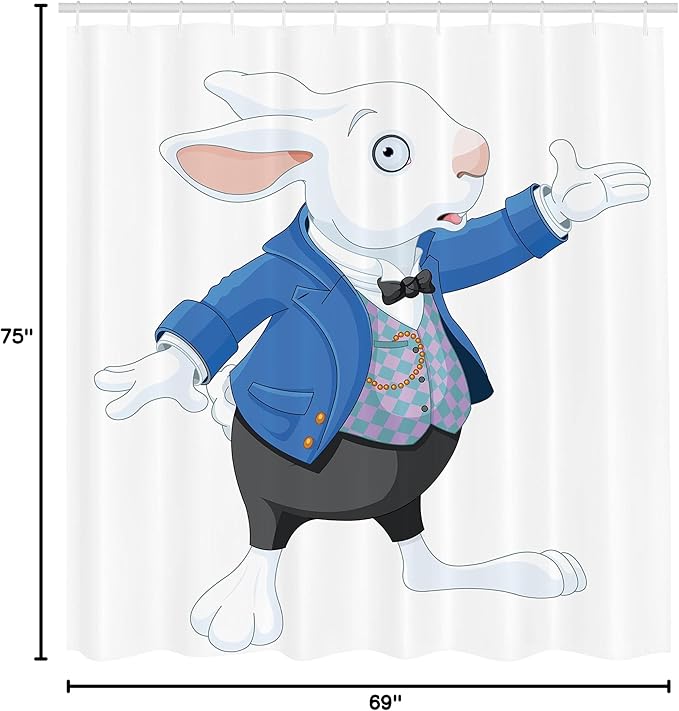 Ambesonne Alice in Wonderland Shower Curtain, White Rabbit is Talking Fictional Fantasy and Alice Themed Print, Cloth Fabric Bathroom Decor Set with Hooks, 69" W x 75" L, White Blue Black