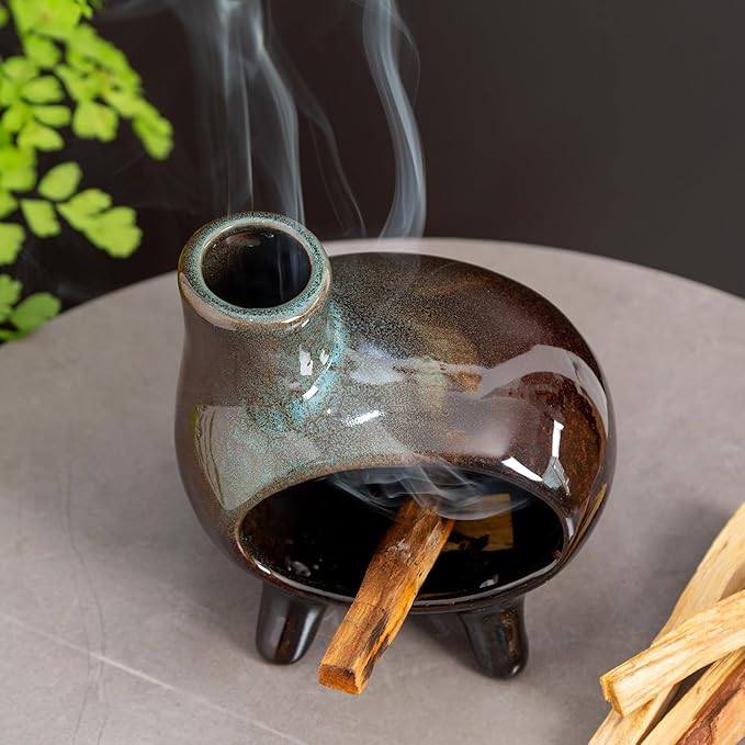 MOUGIGI Handcrafted Ceramic Palo Santo Holder Burner with Green Glaze - Modern Footed Pottery Incense Chimney Dish - Great for Meditation - Wood Sticks, Sage, Ash Catcher Bowl, Cone Compatible.