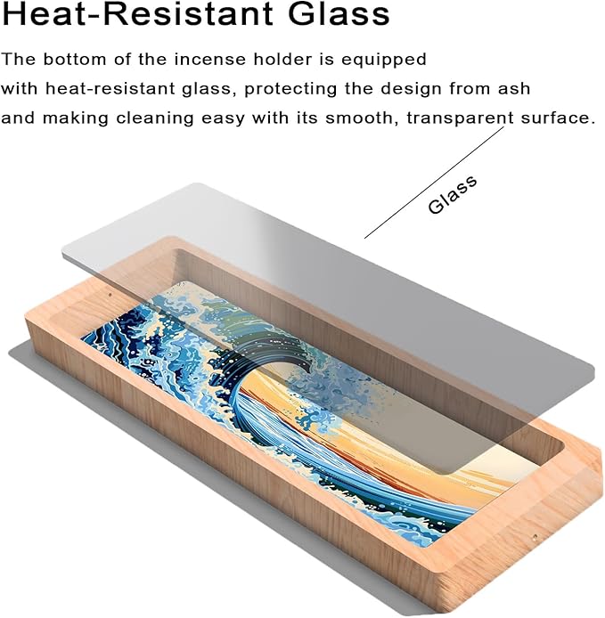 Incense Stick Holder with Wide Glass Base Ocean Landscape Wooden Incense Tray Home Decor AEFTJI