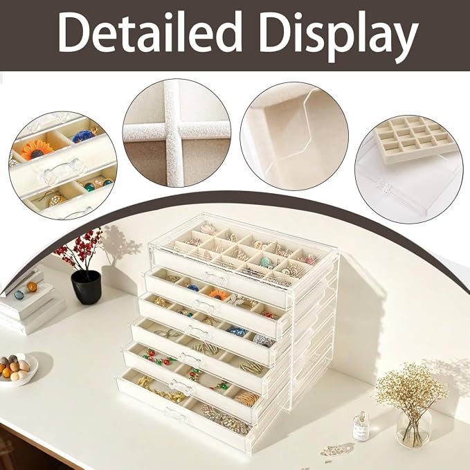 Watpot Acrylic Jewelry Box Organizer and Storage 6 Drawer for Earring Display Tray