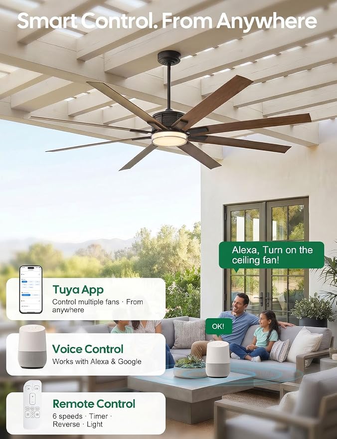 65 Inch Smart Outdoor Ceiling Fans for Patios with Light Waterproof, Wet Rated 8 Aluminum Blades, Alexa/App/Remote Control, High-CFM Quiet DC Motor, for Large Exterior Garage, Pergola, Outside Gazebo