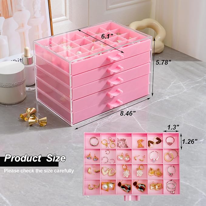 YUFONG Earring Storage Box Organizer, Acrylic Jewelry Storage Box Holder 5 Drawers Transparent Jewelry Display Stand with 120 Small Compartments Gift Boxes for Women Girls (Pink)