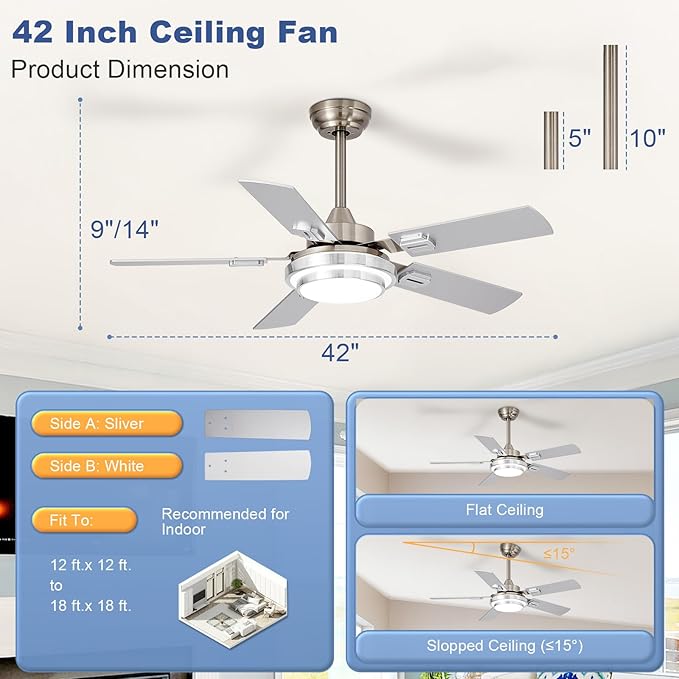 Depuley 42-Inch Ceiling Fan with Light: Brushed Nickel Ceiling Fans with 5 Blades Dual Finish Reversible - Farmhouse Ceiling Fan with Remote Control Noiseless for Living Room Outdoor Patios