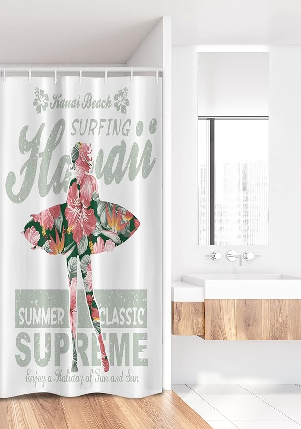 Ambesonne Hawaiian Stall Shower Curtain, Tropical Hawaii Hibiscus Surfing Girl Silhouette Surfboard Retro Themed Artprint, Fabric Bathroom Decor Set with Hooks, 36" W x 72" L, Fuchsia Green