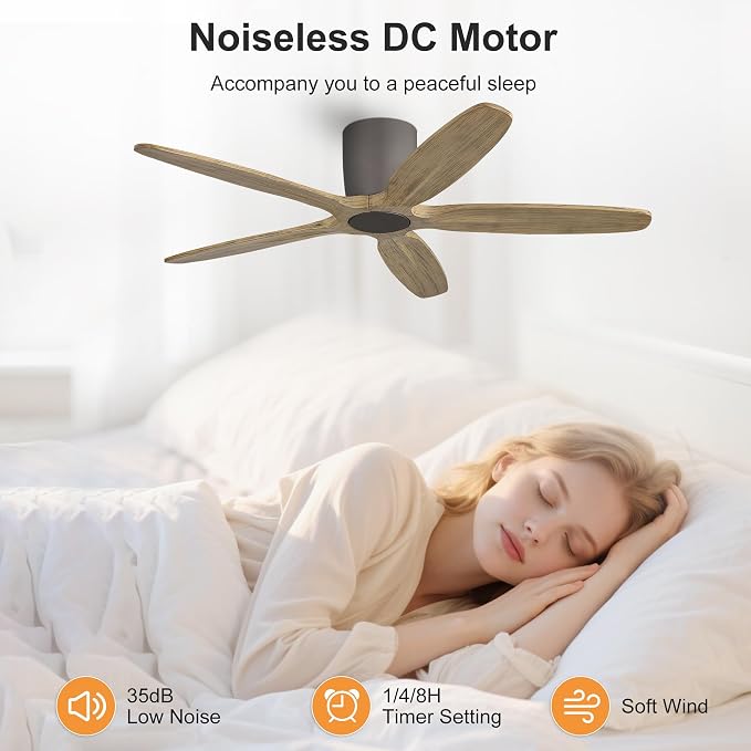 WINGBO 54" Flush Mount Ceiling Fan No Light - 5 Carved Solid Wood Blades, 6-Speed Reversible DC Motor, Dimmable, 3CCT, Low Profile Ceiling Fans without Lights for Bedroom Living Room, Charcoal Gray