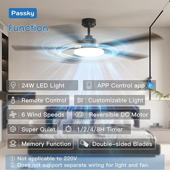 Passky Ceiling Fans with Lights, 60 inch Sleek Ceiling Fan with Light and Remote Control, 3CCT, Dimmable, Reversible, Noiseless, Black Ceiling Fan for Bedroom, Living Room