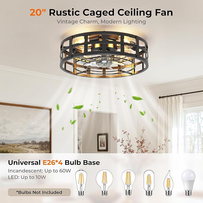 Black 20" Caged Ceiling Fan with Light and Remote, Farmhouse Low Profile Flush Mount Fandelier, Bladeless Ceiling Fans 6 Speeds Reversible, Fan Light Fixture for Bedroom, Living Room, Kitchen