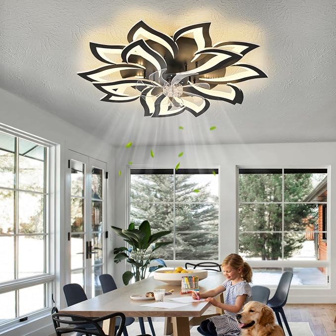 15Leaves-Black Flower Modern CeilingFans with Lights, Low Profile Ceiling Fan with Remote for Bedroom, Flush Mount Ceiling Fan with LED Dimmable Light,6-Speeds, Timing CeilingFan Light