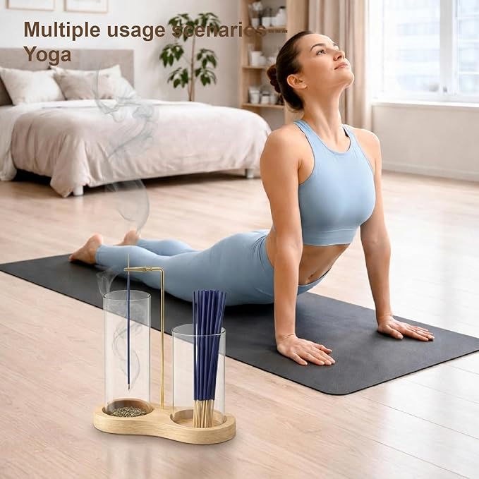2-in-1 Incense Holder with Glass Ash Catcher & Stick Storage, Wooden Incense Burner for Relaxation, Stress Relief, Mess-Free Home Use, Self-Care, Meditation, Yoga, Bedroom & Living Room (Natural)