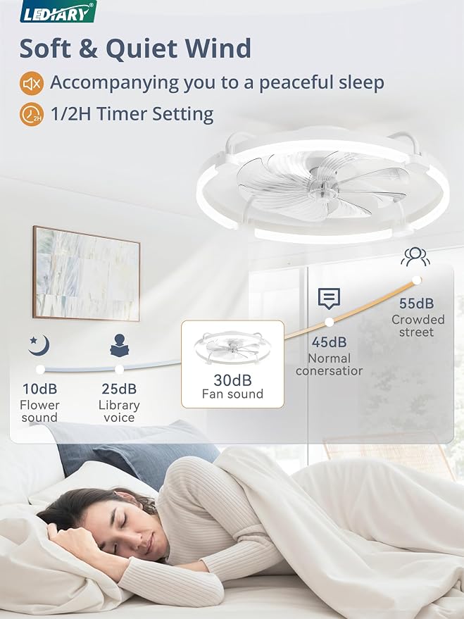 LEDIARY Ceiling Fans with Lights and Remote, 24'' Low Profile Ceiling Fan with Light, 3000-6000K Dimmable Fandelier LED Fan Light, 6 Wind Speeds, White Modern Flush Mount Ceiling Fan for Bedroom